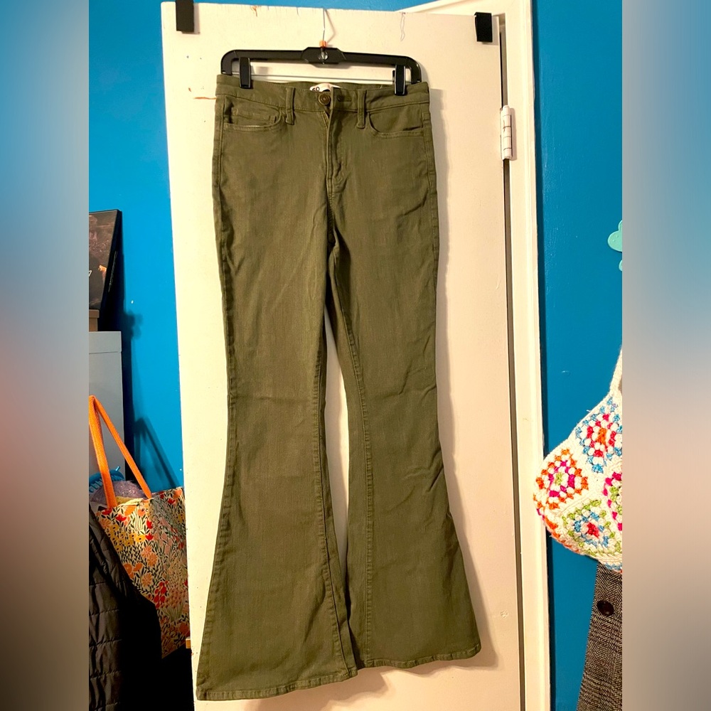 So Olive Green Flare High Waisted Jeans
